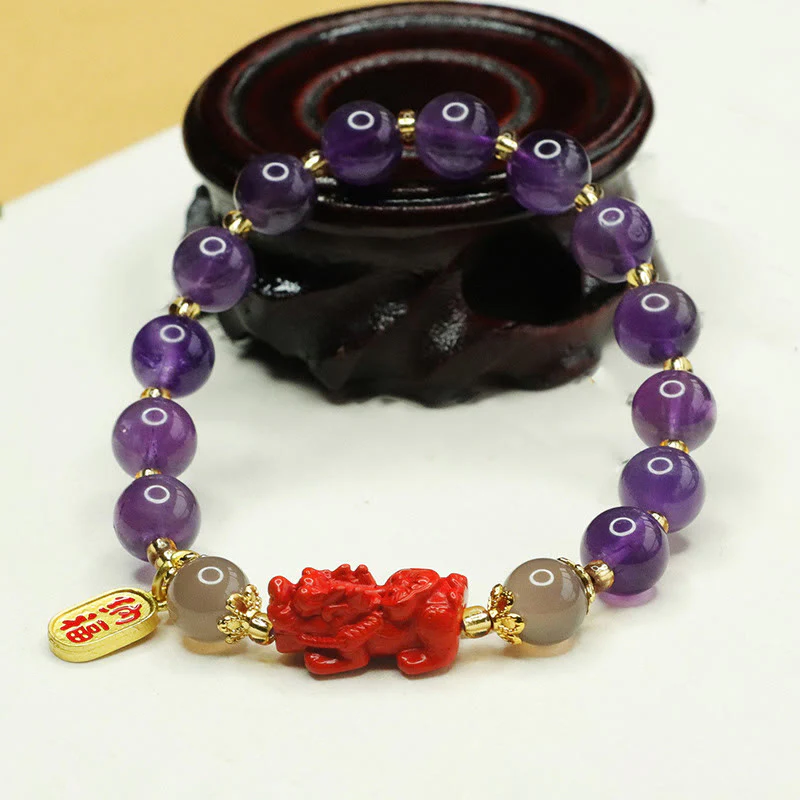 Buddha Stones Natural Amethyst Cinnabar Pi Xiu Fu Character Balance Bracelet