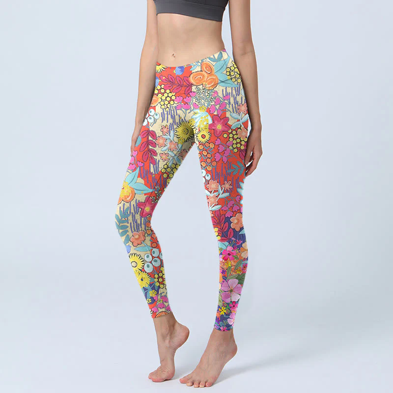 Buddha Stones Colorful Flowers Leaves Print Gym Fitness Leggings Women's Yoga Pants