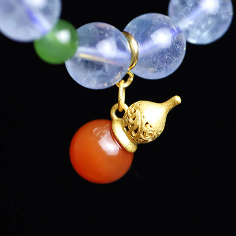 Buddha Stones Aquamarine Red Agate Peace Gourd Charm Bracelet