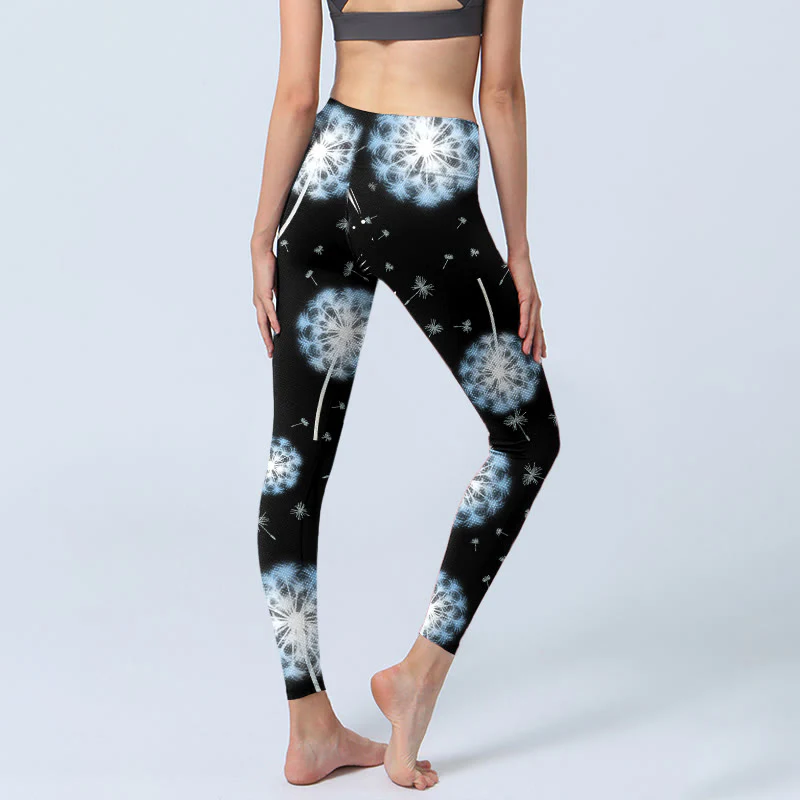 Buddha Stones White Dandelion Pattern Print Gym Leggings Women's Yoga Pants