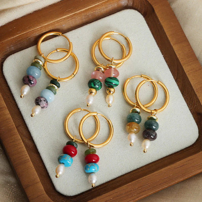 Buddha Stones Tibetan Marnyi Stone Design Natural Red Agate Pearl Confidence Titanium Steel Earrings