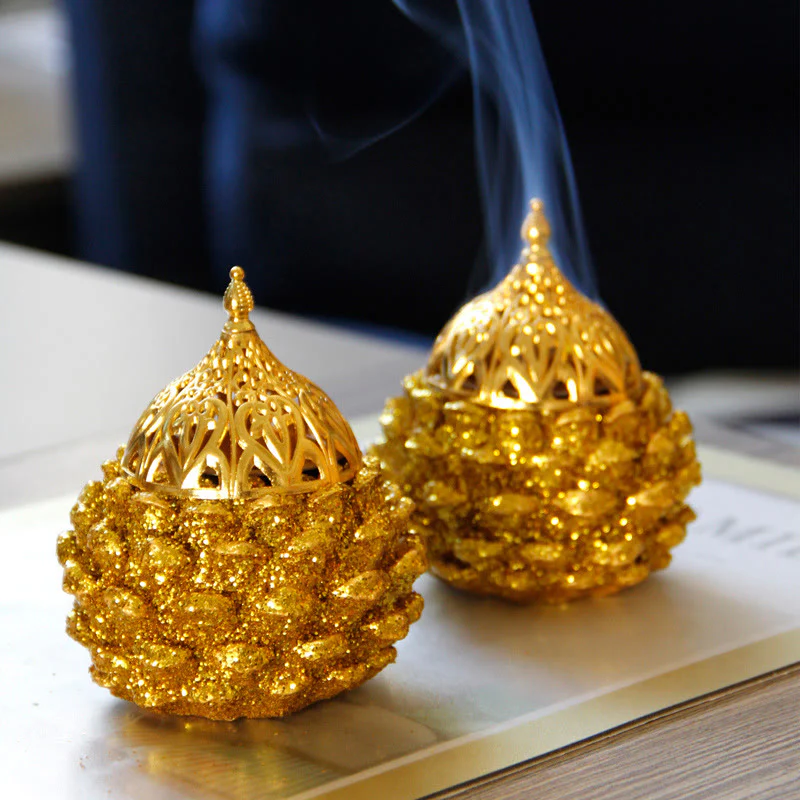 Buddha Stones Gold Pine Cone Pattern Spiritual Rituals Mini Incense Burner Home Tabletop Decor