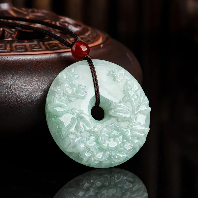 Buddha Stones Round Jade Peace Buckle Peony Flower Abundance Necklace Pendant
