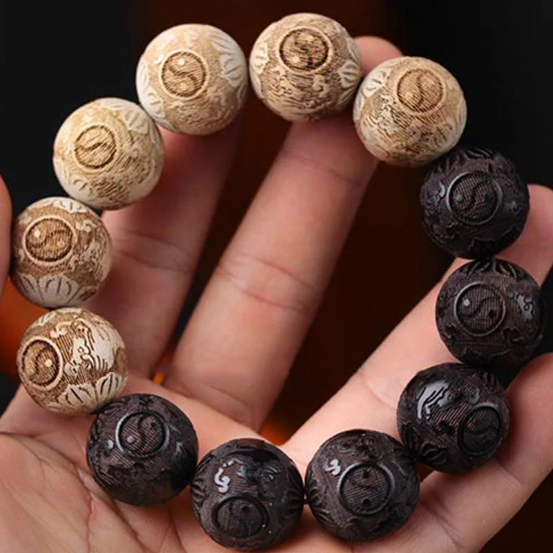 Buddha Stones Ebony Wood Camphor Wood Yin Yang Ox Engraved Peace Bracelet