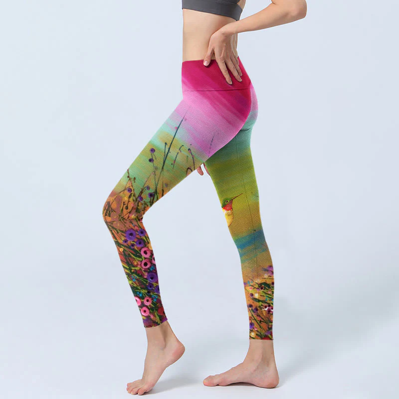Buddha Stones Blooming Flower Bird Pattern Print Gym Leggings Women's Yoga Pants