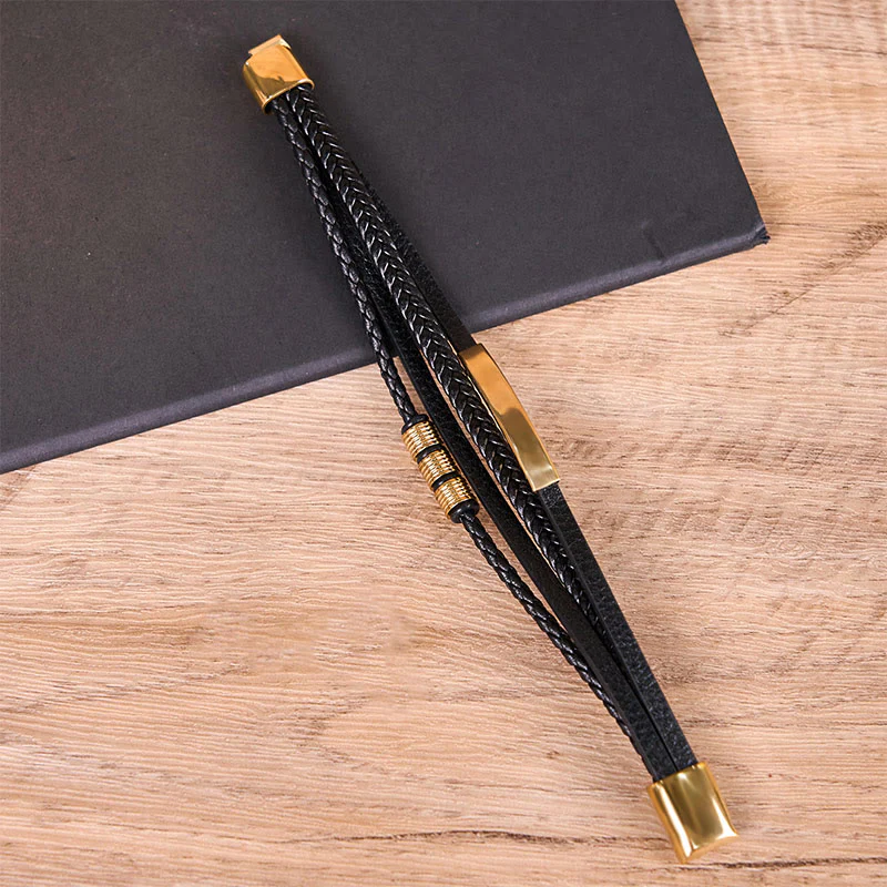 Buddha Stones Fashion Titanium Steel Leather Hand Woven Magnetic Buckle Strengthen Bracelet