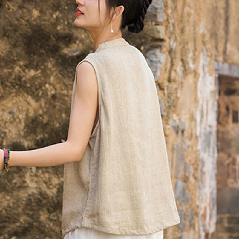 Buddha Stones Summer Tie-dye Buttons Linen Sleeveless Women's Vest