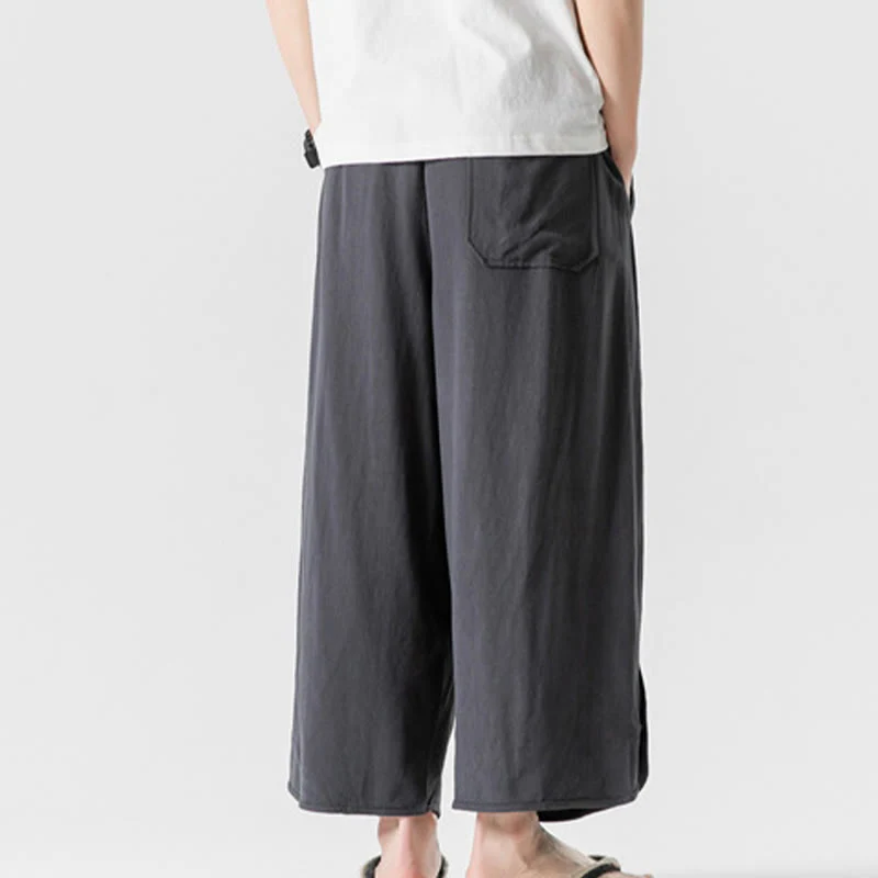 Buddha Stones Casual Loose Frog-Button Plain Men's Cotton Linen 7-8 Length Pants With Pockets