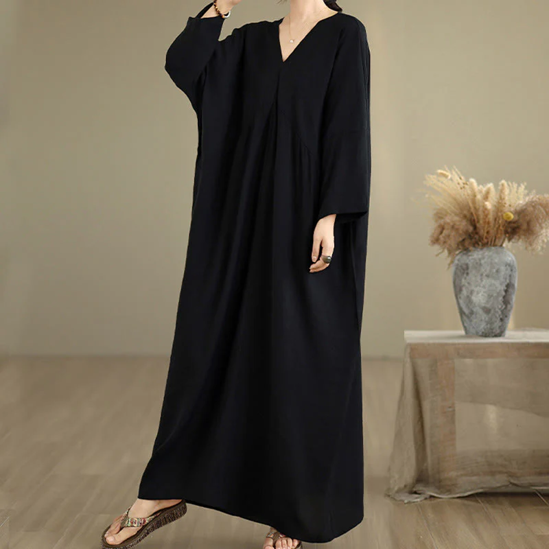 Buddha Stones Fall Casual V-Neck Long Sleeve Cotton Midi Dress