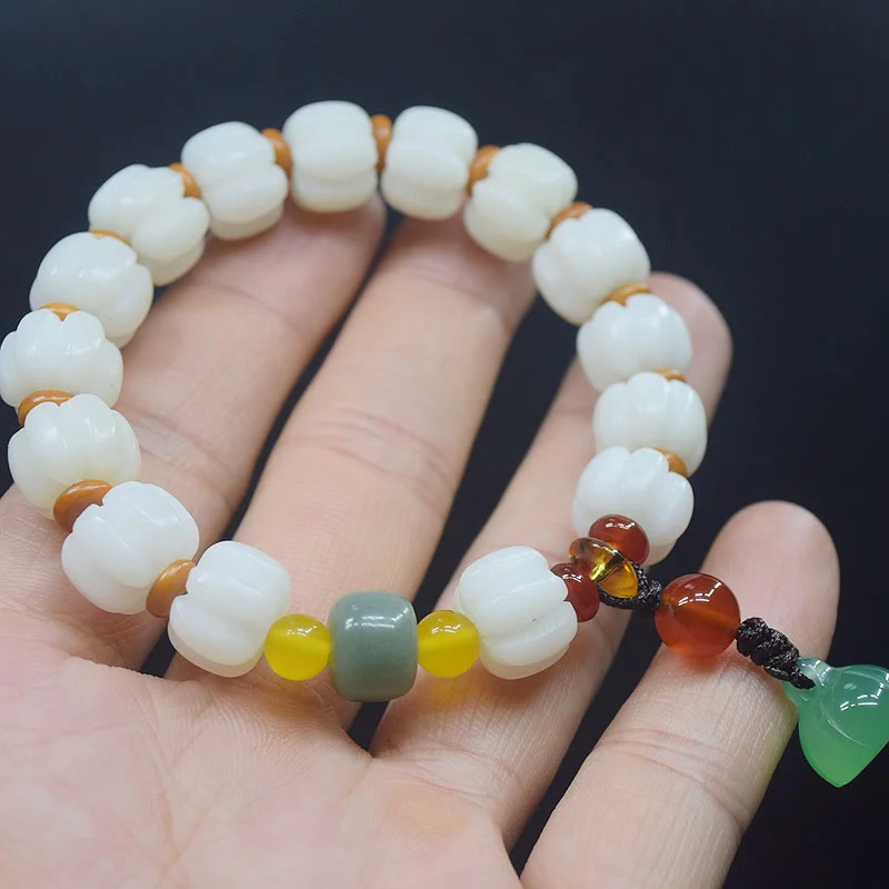 Buddha Stones Natural Bodhi Seed Red Agate Bodhi Calm Harmony Engraved Pumpkin Bead Lotus Bracelet