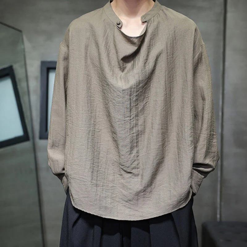 Buddha Stones Spring Solid Color Pleated Stand Collar Design Tang Suit Men's Long Sleeve Linen Shirt