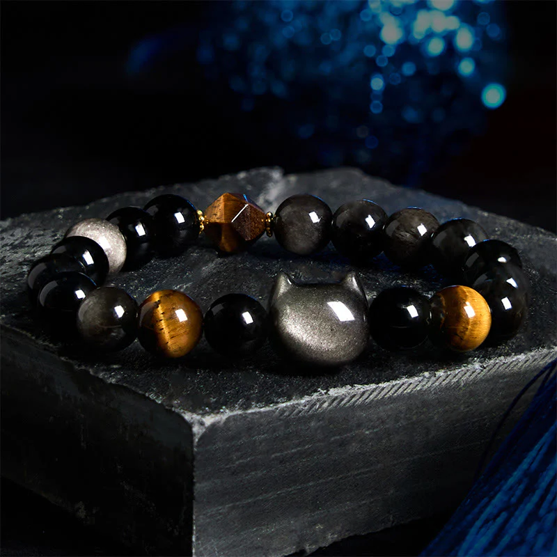 Buddha Stones Natural Silver Sheen Obsidian Beads Cute Cat Soothing Bracelet