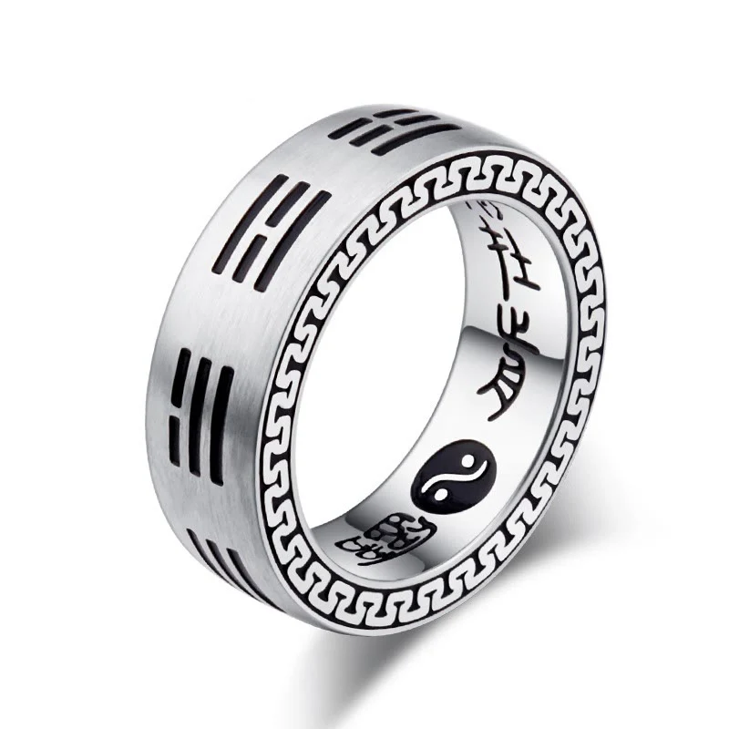 Buddha Stones Bagua Yin Yang Taoist Nine-Character Mantra Titanium Steel Harmony Ring