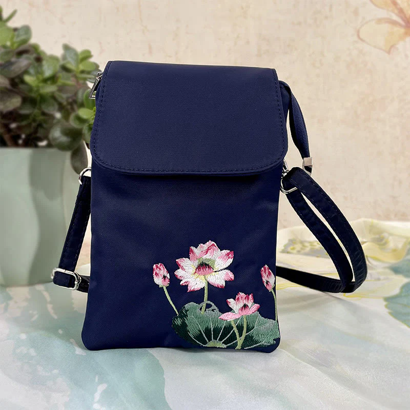 Buddha Stones Waterproof Handmade Embroidered Lotus Flowers Crossbody Bag Shoulder Bag Cellphone Bag