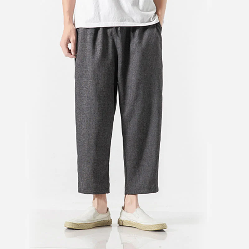 Buddha Stones Summer Plain Men's 7-8 Length Cotton Linen Pants With Pockets