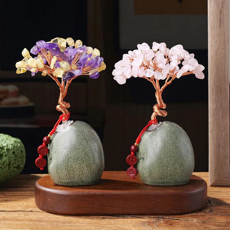 Buddha Stones Citrine Amethyst Green Aventurine Crystal Tree Ceramic Base Prosperity Home Decoration