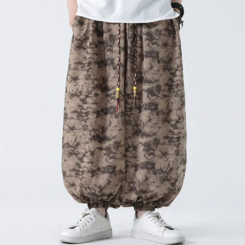 Buddha Stones Retro Casual Drawstring Design Floral Pattern Men's Harem Pants With Pockets