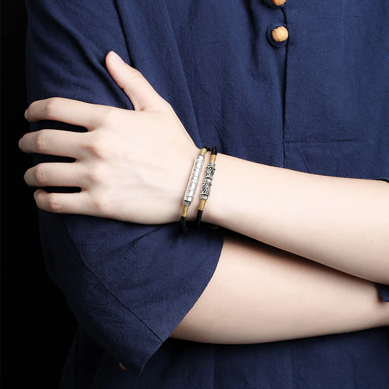 Buddha Stones Dragon Knot Sterling Silver Om Mani Padme Hum Double Hand Woven Bracelet