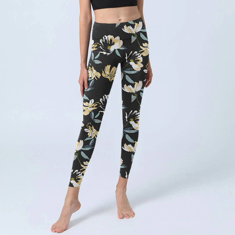 Buddha Stones Yellow White Flower Pattern Print Gym Leggings Women's Yoga Pants