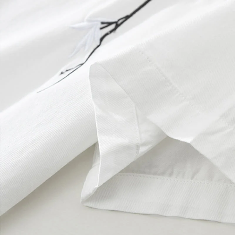 Buddha Stones Artistic Simple Design Embroidery Bamboo Pattern Men's Short Sleeve Cotton Shirt