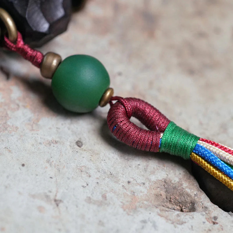 Buddha Stones Tibet Ebony Wood Copper Peace Tassel Wrist Mala Bracelet