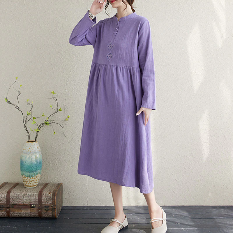 Buddha Stones Fall Ethnic Embroidery Cotton Linen Midi Dress With Pockets