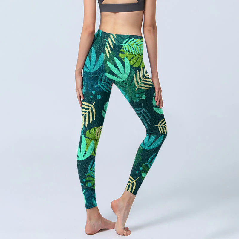 Buddha Stones Various Shapes Of Leaves Pattern Print Gym Leggings Women's Yoga Pants