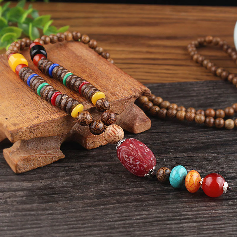Buddha Stones Tibetan Wenge Wood Bodhi Seed Agate Balance Peace Necklace Pendant