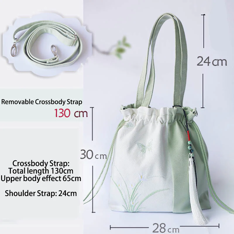 Buddha Stones Embroidered Grass Flowers Cherry Blossom Canvas Tote Crossbody Bag Shoulder Bag Handbag
