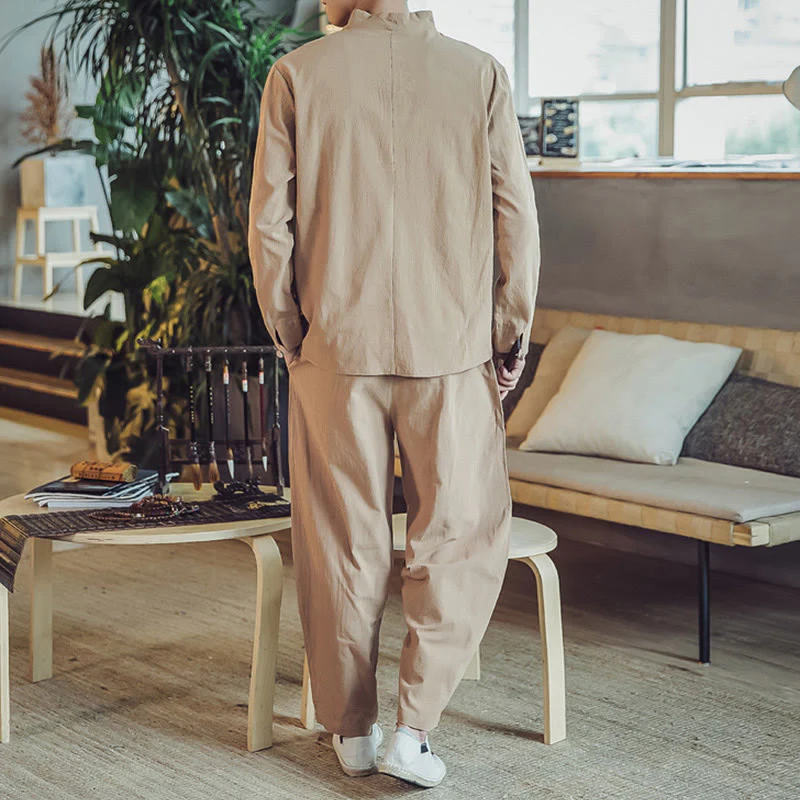 Buddha Stones 2Pcs Cotton Shirt Ankle-Length Pants With Pockets Men's Meditation Cloth Set