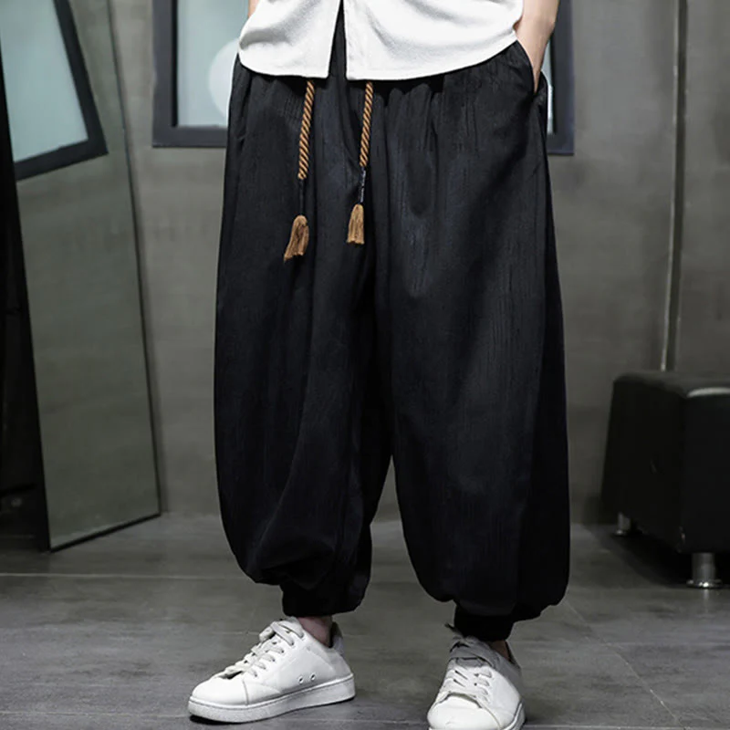 Buddha Stones Casual Daily Pure Color Drawstring Design Men's Harem Pants With Pockets