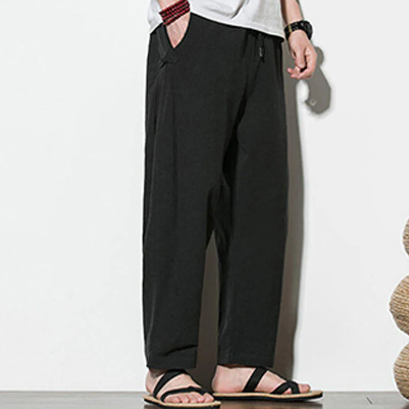 Buddha Stones Summer Side Frog-Button Design Men's Cotton Linen Pants With Pockets