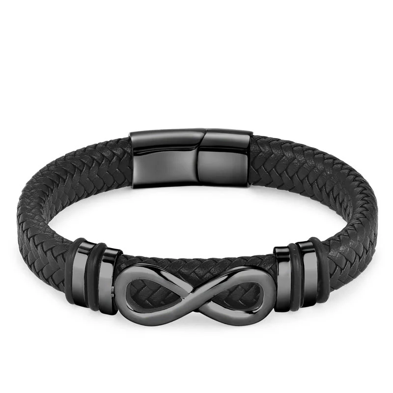 Buddha Stones Endless Knot Design Titanium Steel Strengthen Braided Leather Buckle Bracelet