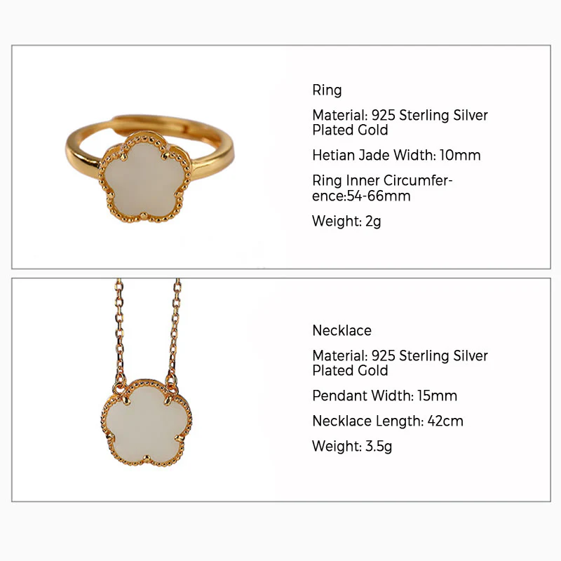 Buddha Stones 925 Sterling Silver Plated Gold Natural Hetian Jade Flower Luck Necklace Pendant Ring Set
