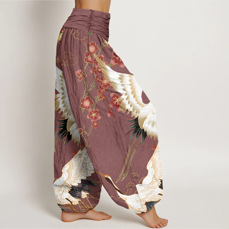 Buddha Stones Cranes Flowers Auspicious Clouds pattern Women's Elastic Waist Harem Pants