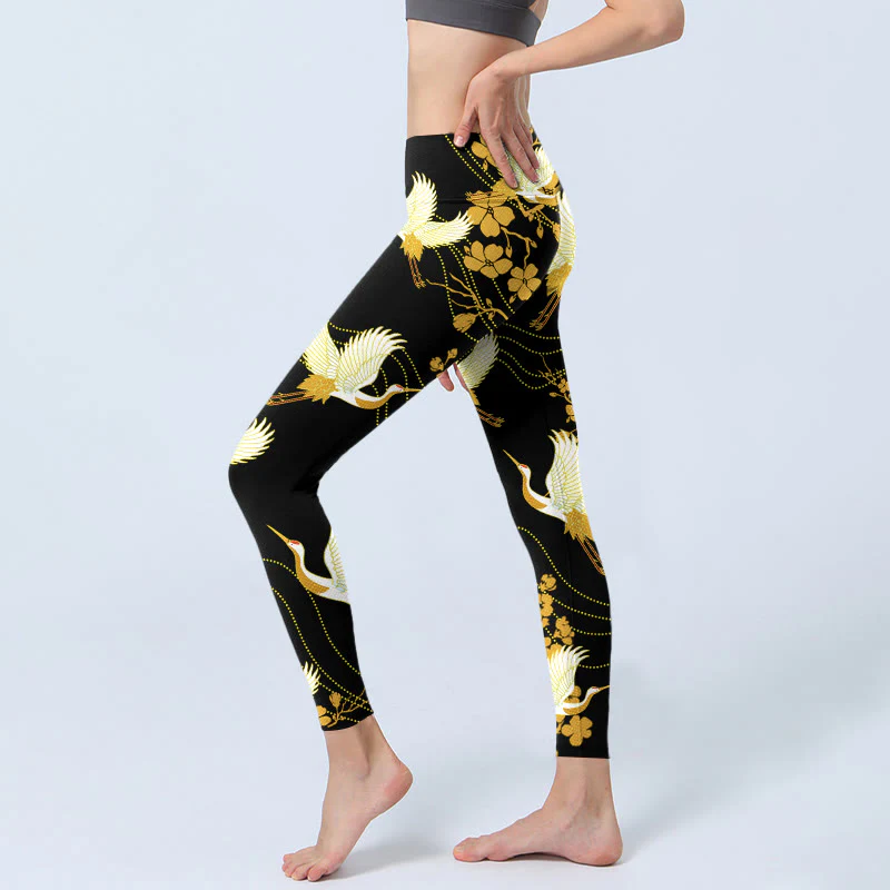 Buddha Stones Red-crowned Cranes Golden Flowers Line Pattern Print Gym Leggings Women's Yoga Pants