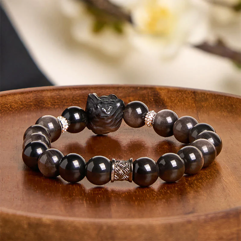 Buddha Stones Natural Silver Sheen Obsidian Lion Dance Protection Bracelet