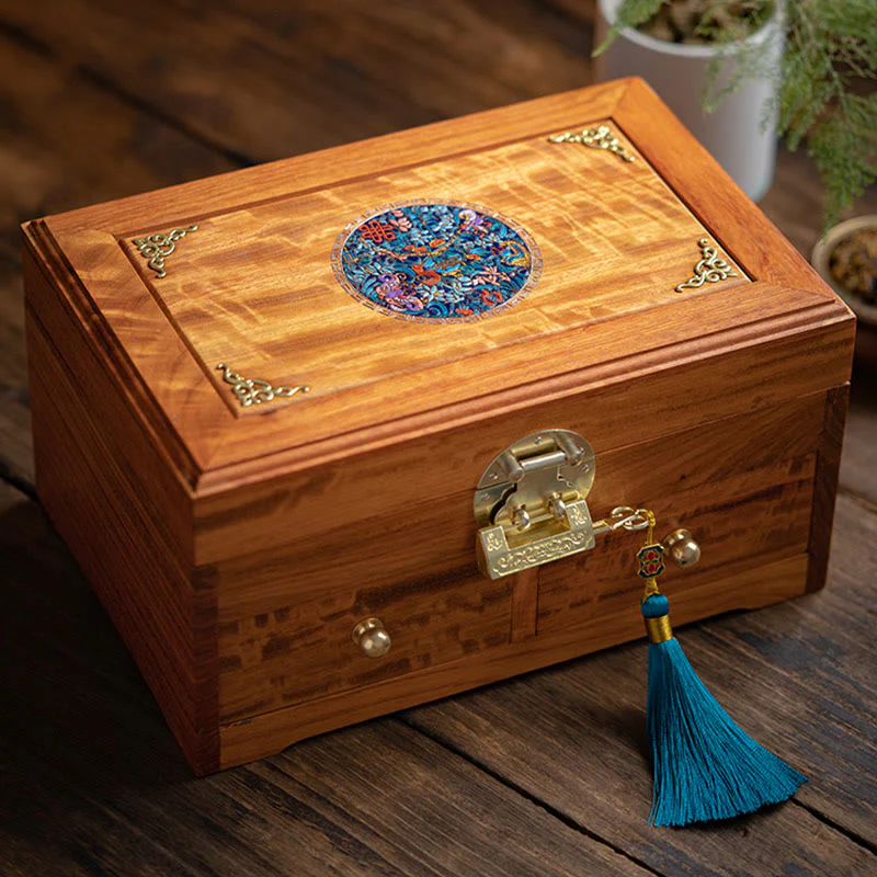 Buddha Stones Antique Handmade Rosewood Jewelry Storage Box Lockable Large Double Layer Flower Wooden Gift Organizer Box