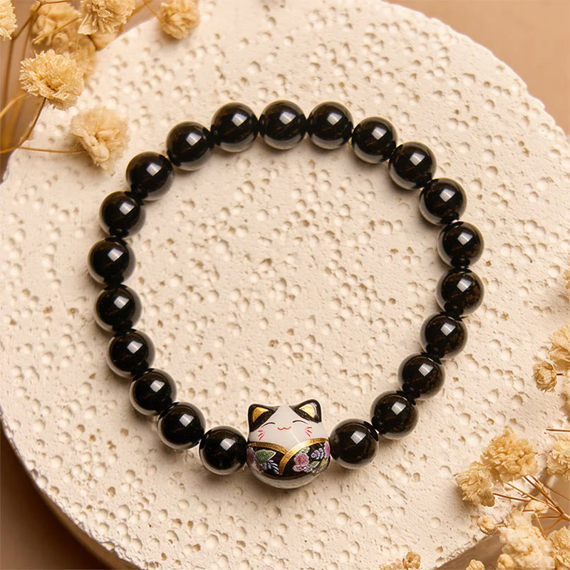 Buddha Stones Black Cat Natural Black Onyx Ceramic Kitten Fortune Bracelet