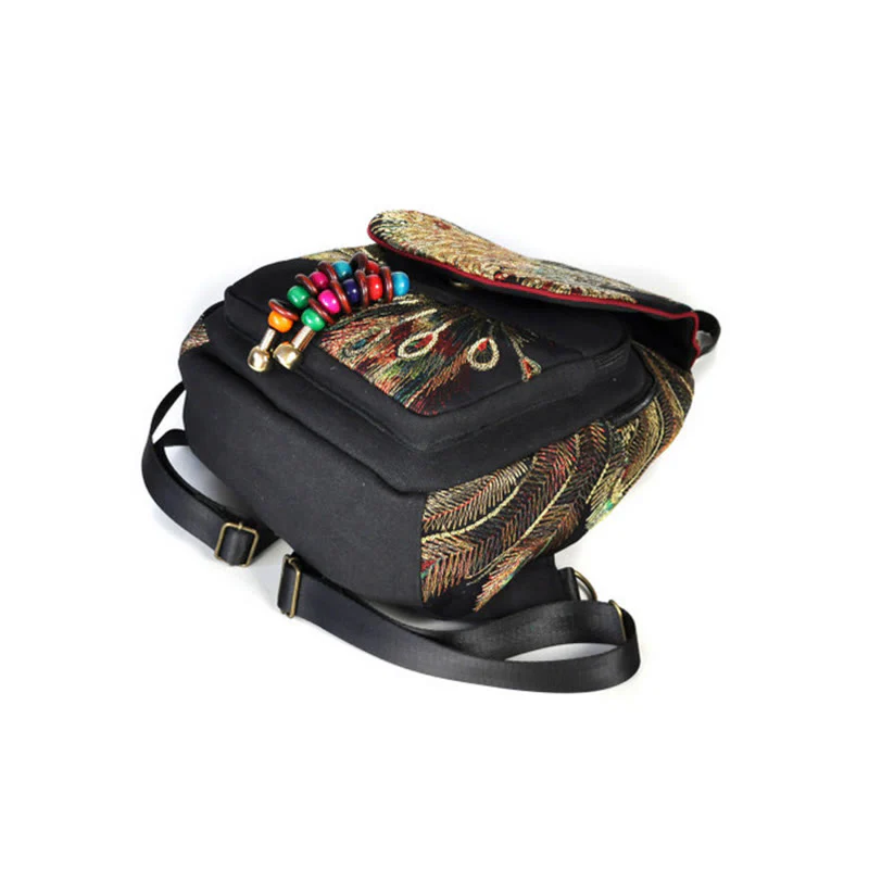 Buddha Stones Peacock Embroidery Canvas Tassel Backpack