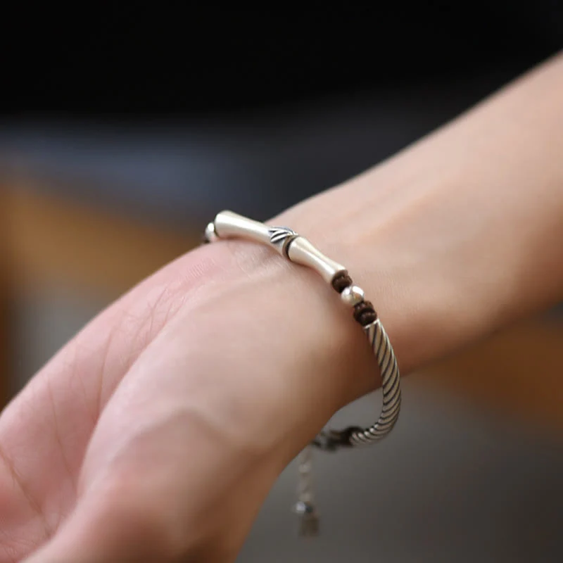 Buddha Stones 999 Sterling Silver Bamboo Pattern Cicada Luck Wealth Bracelet