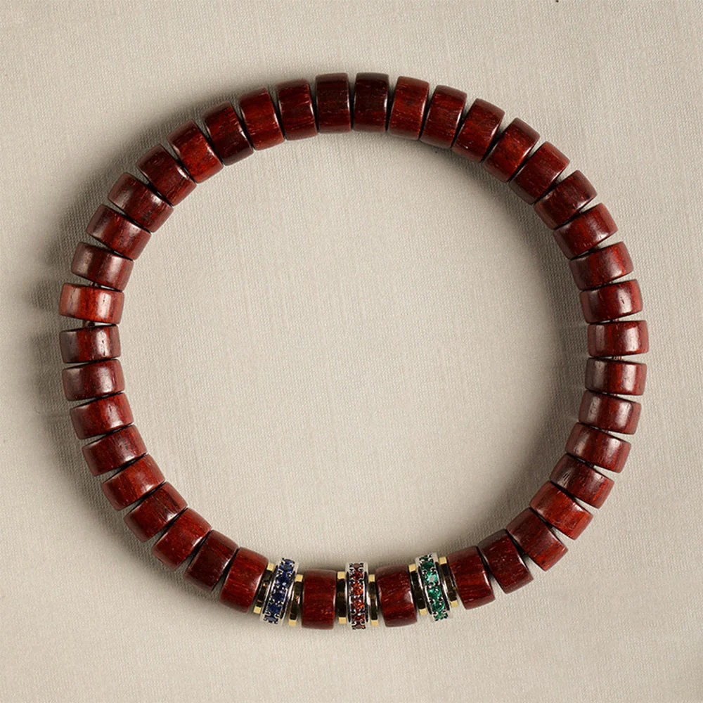 Buddha Stones Ebony Wood Small Leaf Red Sandalwood Zircon Peace Bracelet
