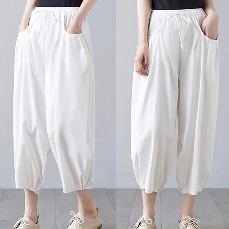 Buddha Stones Summer Plain Cropped Pants Women's Cotton Linen Harem Pants With Pockets