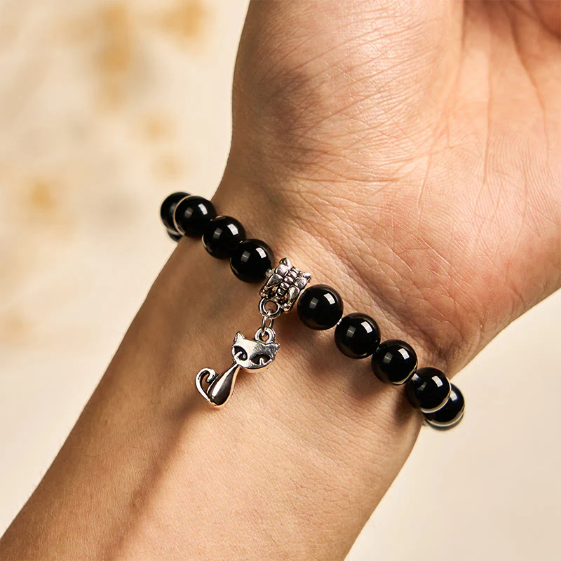Buddha Stones Black Cat Natural Black Onyx Kitten Support Bracelet