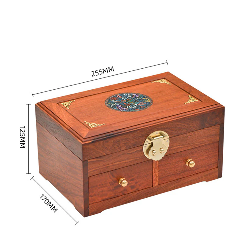 Buddha Stones Antique Handmade Rosewood Jewelry Storage Box Lockable Large Double Layer Flower Wooden Gift Organizer Box