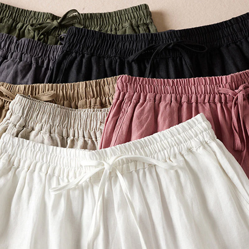 Buddha Stones Summer Small Flower Embroidery Cotton Linen Harem Pants With Pockets