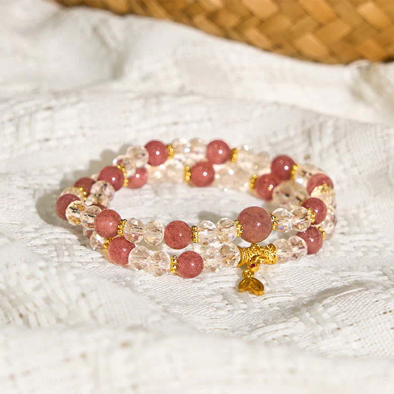 Buddha Stones Natural Strawberry Quartz Crystal Bamboo Positive Double Wrap Bracelet