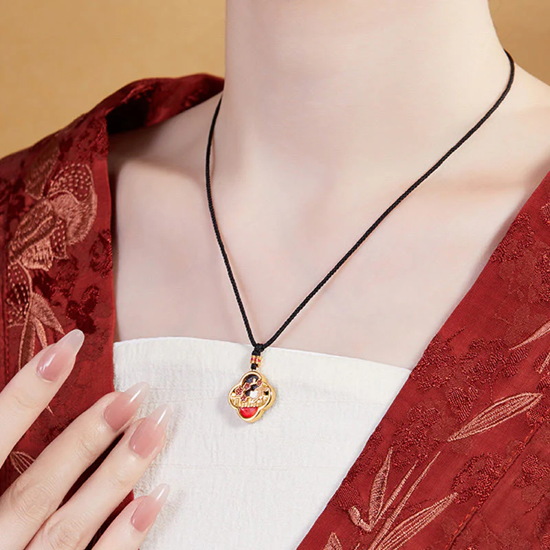 Buddha Stones 925 Sterling Silver Plum Blossom Cat Four Leaf Clover Blessing Necklace Pendant