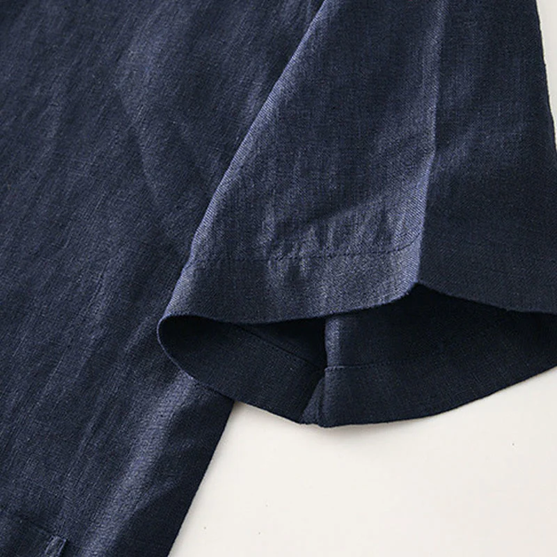 Buddha Stones Solid Summer Short Sleeve Buttons Linen Men's Shirt With Pockets