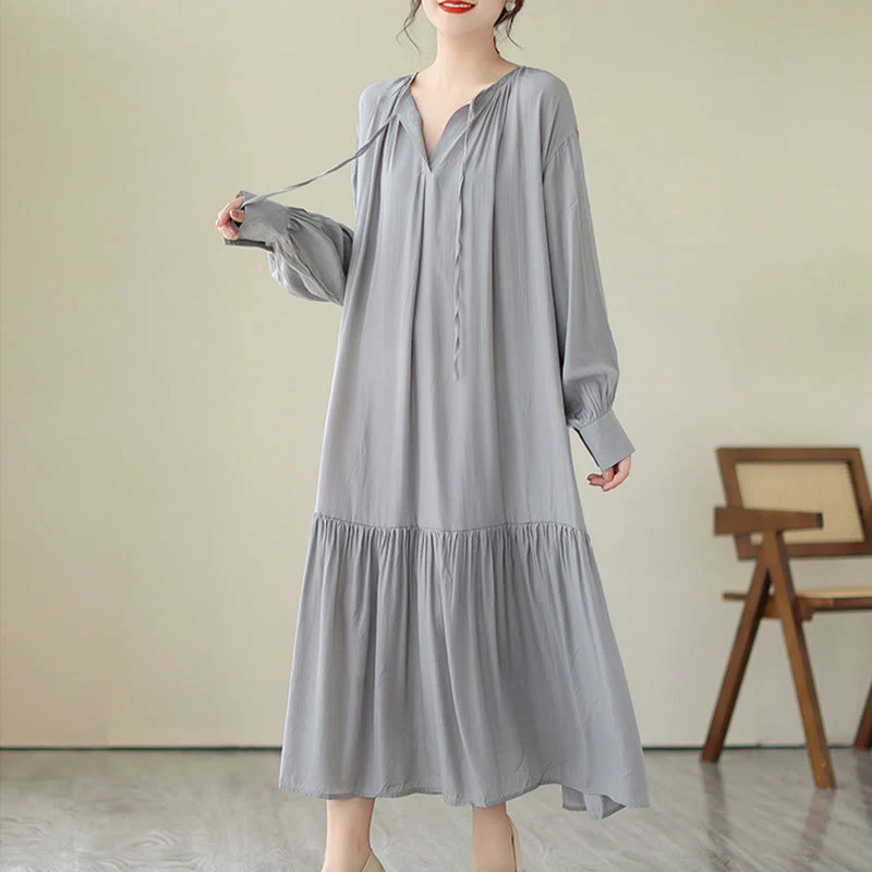 Buddha Stones Casual Plain Two-sided Style Dress Chiffon Midi Dress With Pockets